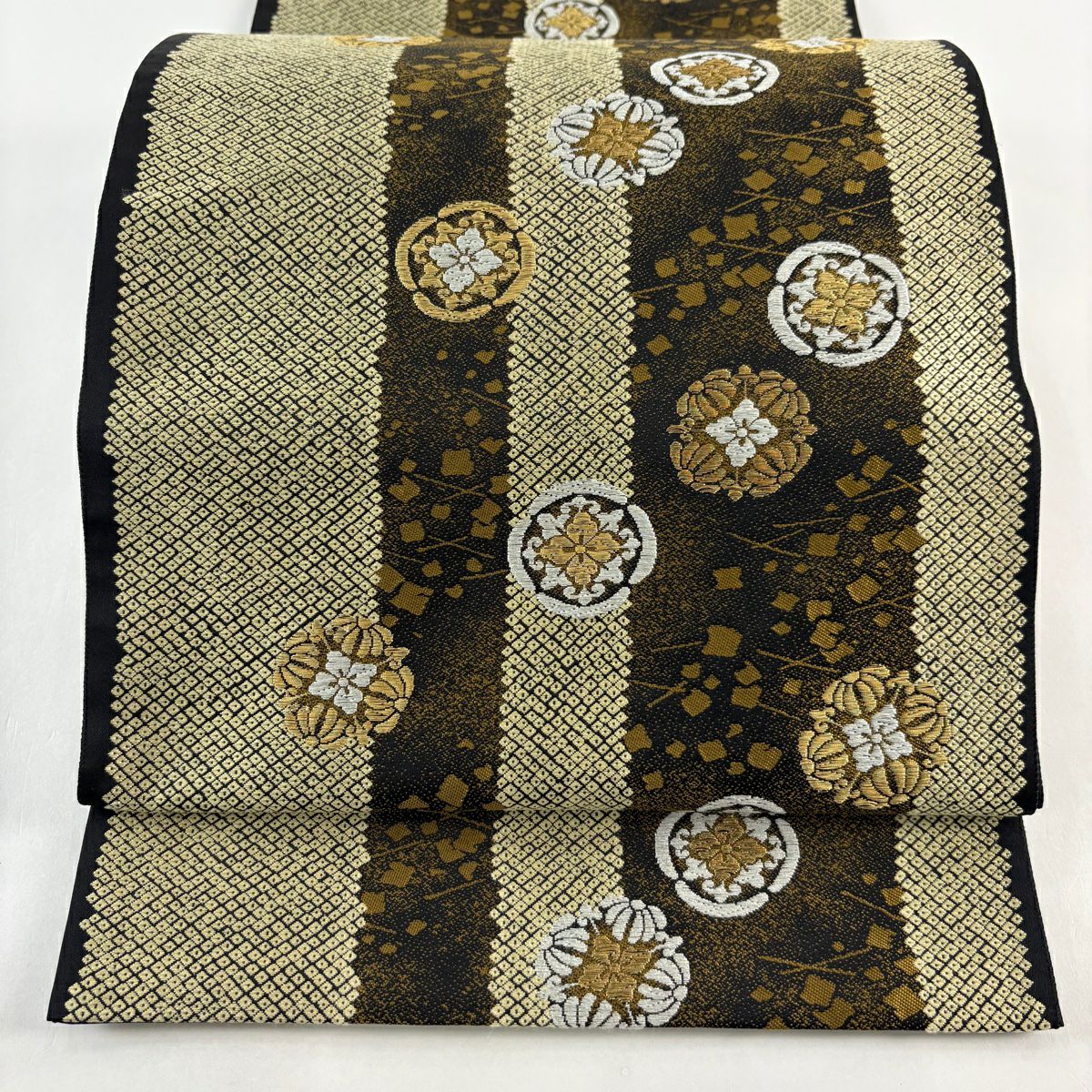【美品】 袋帶 秀品級 華紋 縞 唐織 金絲 焦茶 六通 純蠶絲
