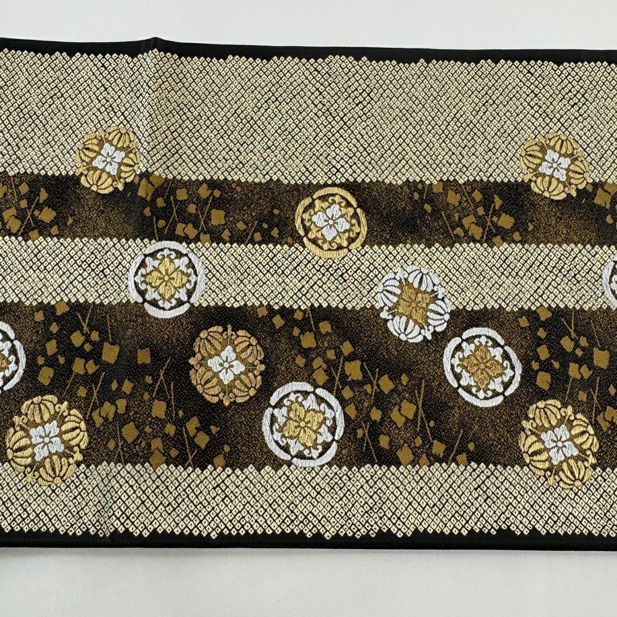 【美品】 袋帶 秀品級 華紋 縞 唐織 金絲 焦茶 六通 純蠶絲
