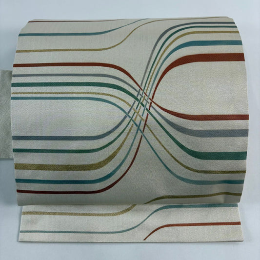 【美品】 名古屋帶 秀品級 斜條紋 幾何圖案 金金箔 米色 純蠶絲