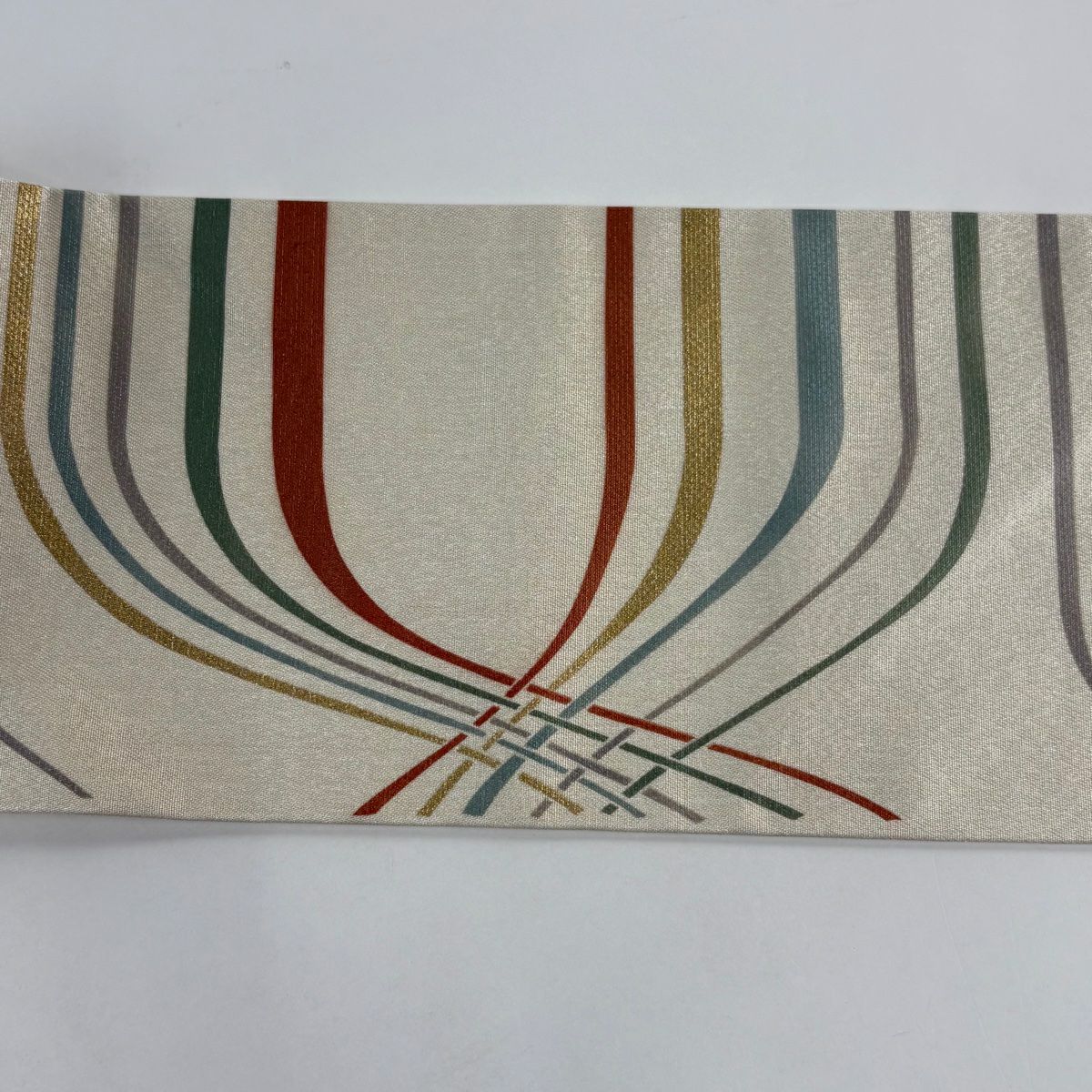 【美品】 名古屋帶 秀品級 斜條紋 幾何圖案 金金箔 米色 純蠶絲