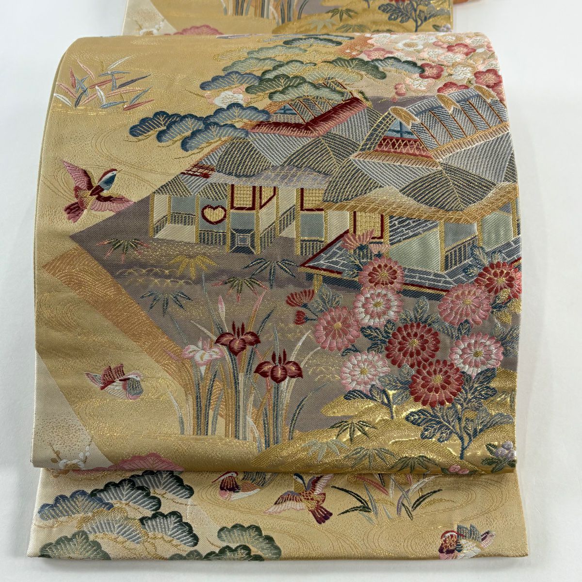 袋帶 秀品級 建築 松樹竹子梅花 金金箔 唐織 米色 六通 純蠶絲