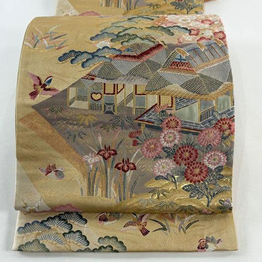 袋帶 秀品級 建築 松樹竹子梅花 金金箔 唐織 米色 六通 純蠶絲