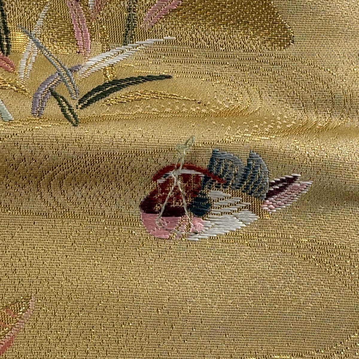袋帶 秀品級 建築 松樹竹子梅花 金金箔 唐織 米色 六通 純蠶絲