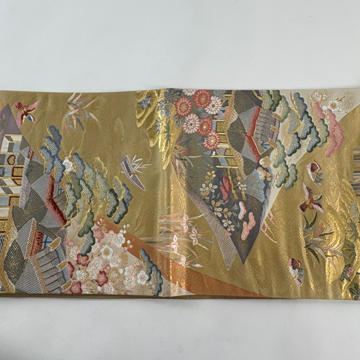 袋帶 秀品級 建築 松樹竹子梅花 金金箔 唐織 米色 六通 純蠶絲