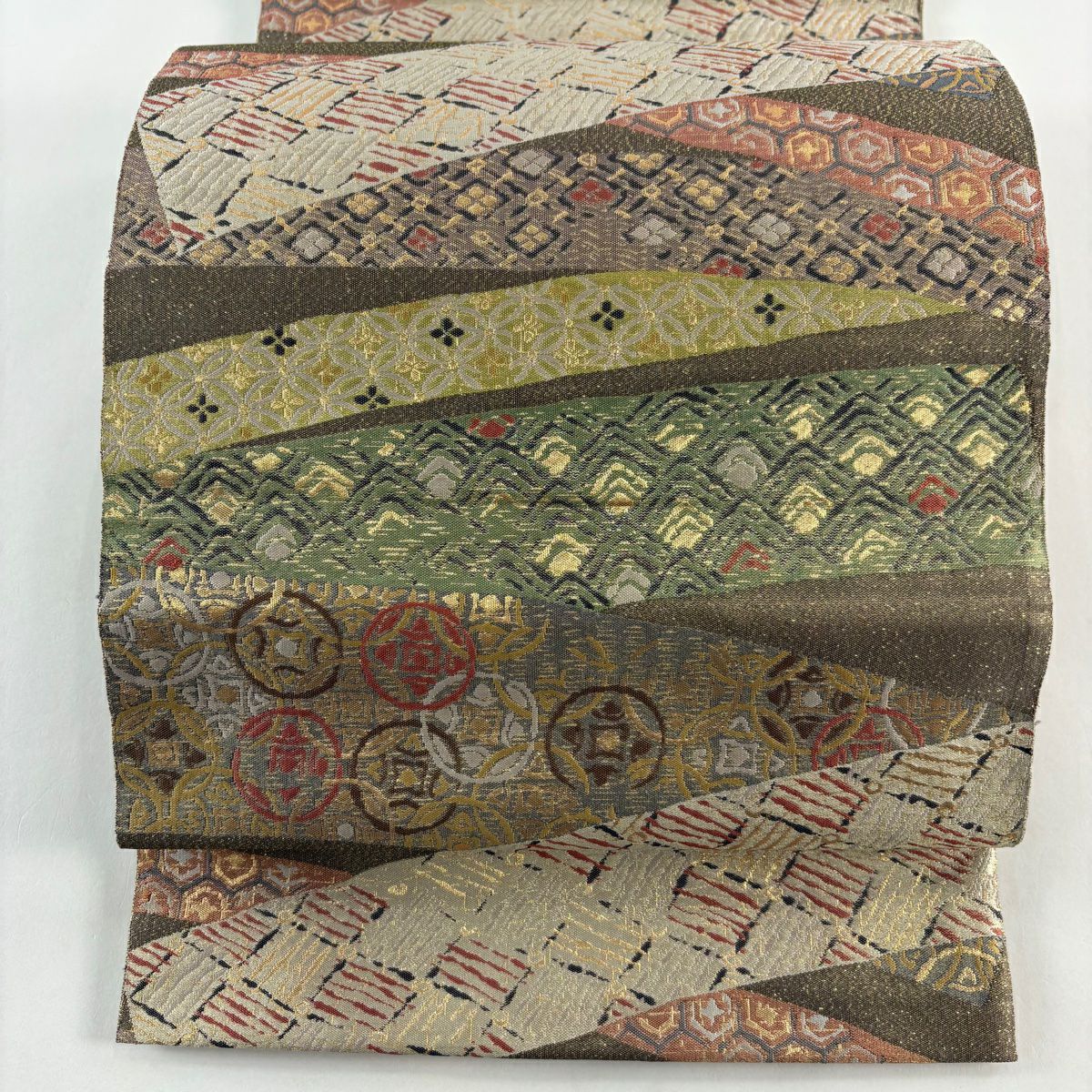 【美品】 袋帶 秀品級 七寶紋 龜甲 金金箔 灰綠 六通 純蠶絲