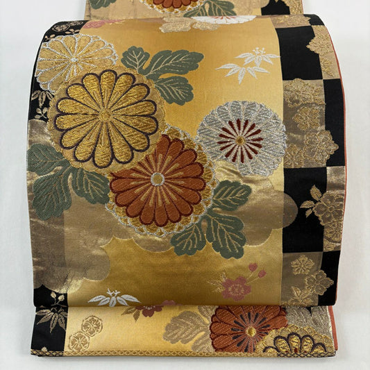 袋帶 秀品級 菊花花 櫻花花 唐織 金金箔 山吹茶 六通 純蠶絲