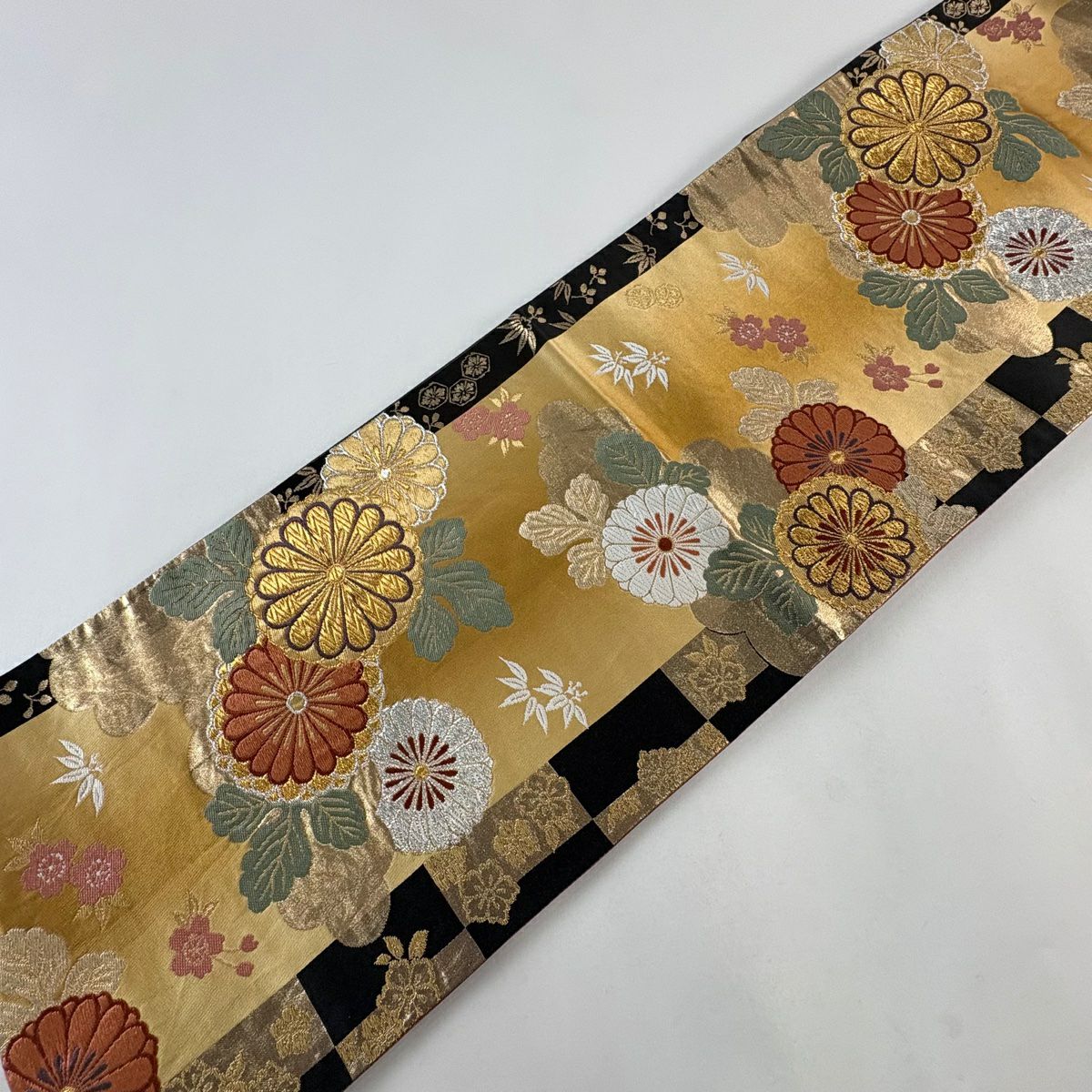 袋帶 秀品級 菊花花 櫻花花 唐織 金金箔 山吹茶 六通 純蠶絲