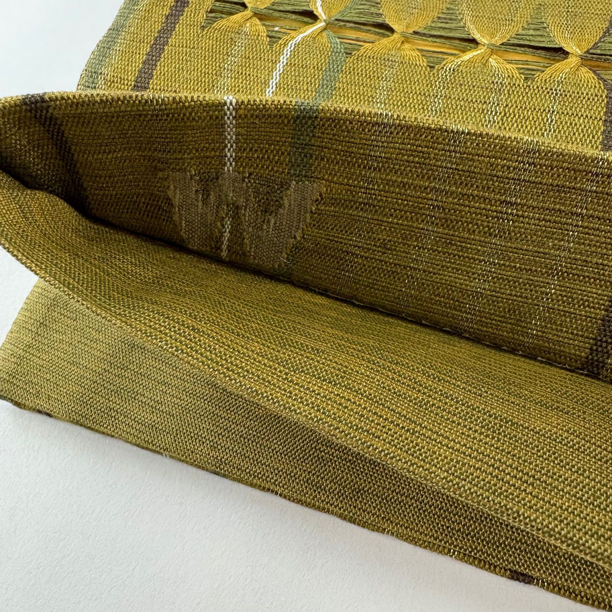 【美品】 袋帶 秀品級 幾何學 金絲 茶綠 六通 純蠶絲
