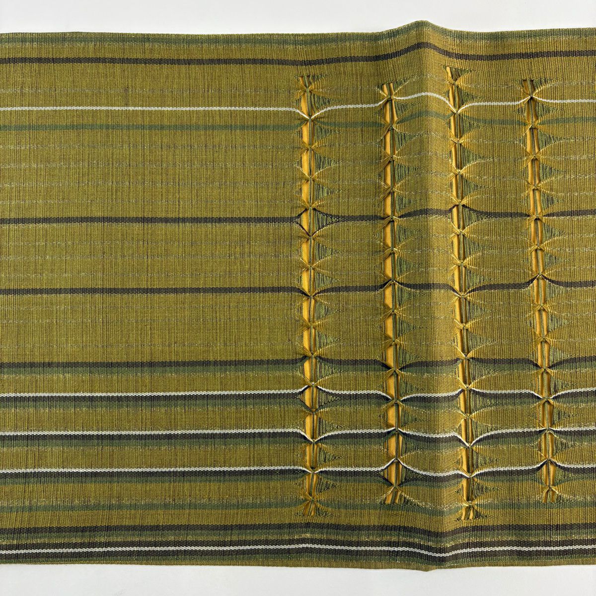 【美品】 袋帶 秀品級 幾何學 金絲 茶綠 六通 純蠶絲