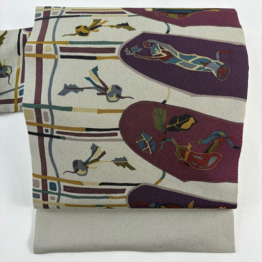 【美品】 名古屋帶 秀品級 生物 櫻花 縮緬 金彩裝飾 灰色 純蠶絲