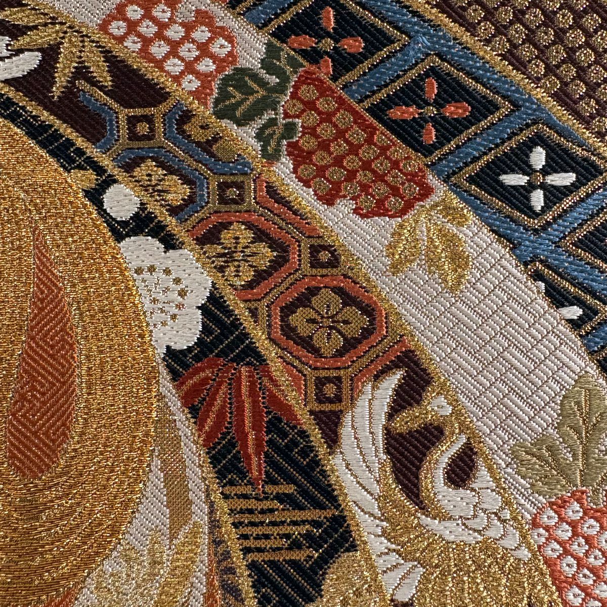 袋帶 秀品級 束捲熨斗紋 松樹竹子梅花 金絲 金金箔 橙色 大鼓圖案 純蠶絲