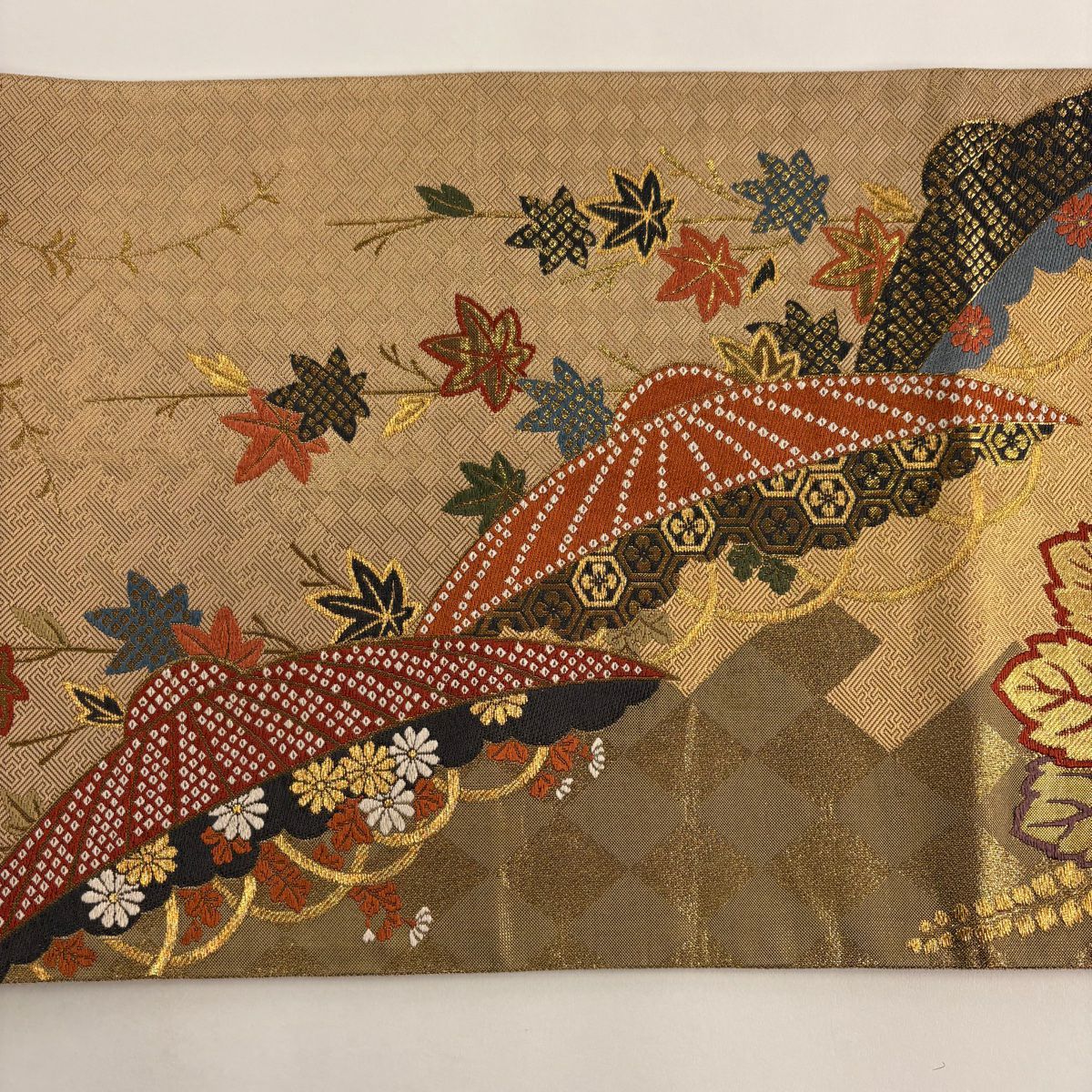 袋帶 秀品級 束捲熨斗紋 松樹竹子梅花 金絲 金金箔 橙色 大鼓圖案 純蠶絲