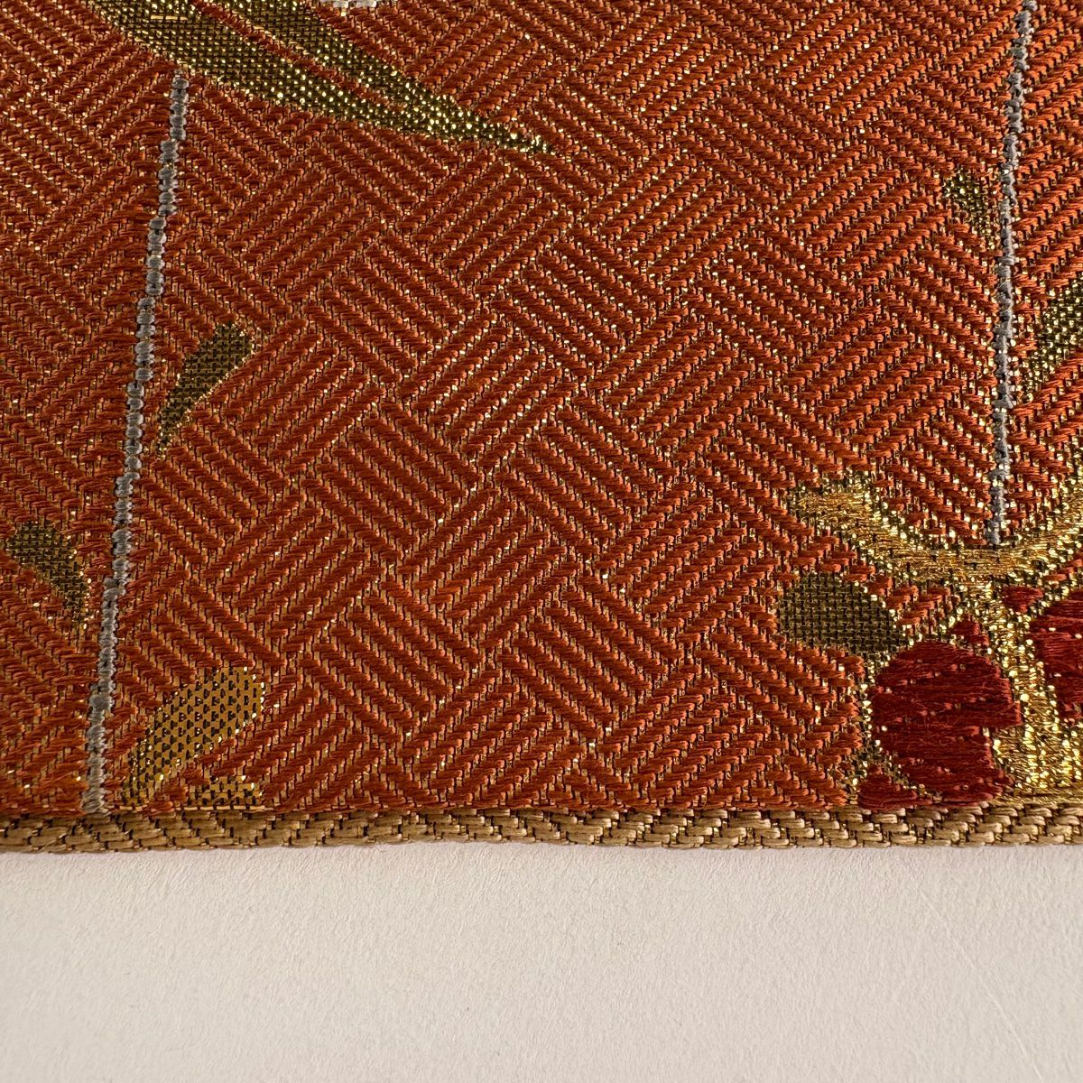 袋帶 秀品級 束捲熨斗紋 松樹竹子梅花 金絲 金金箔 橙色 大鼓圖案 純蠶絲