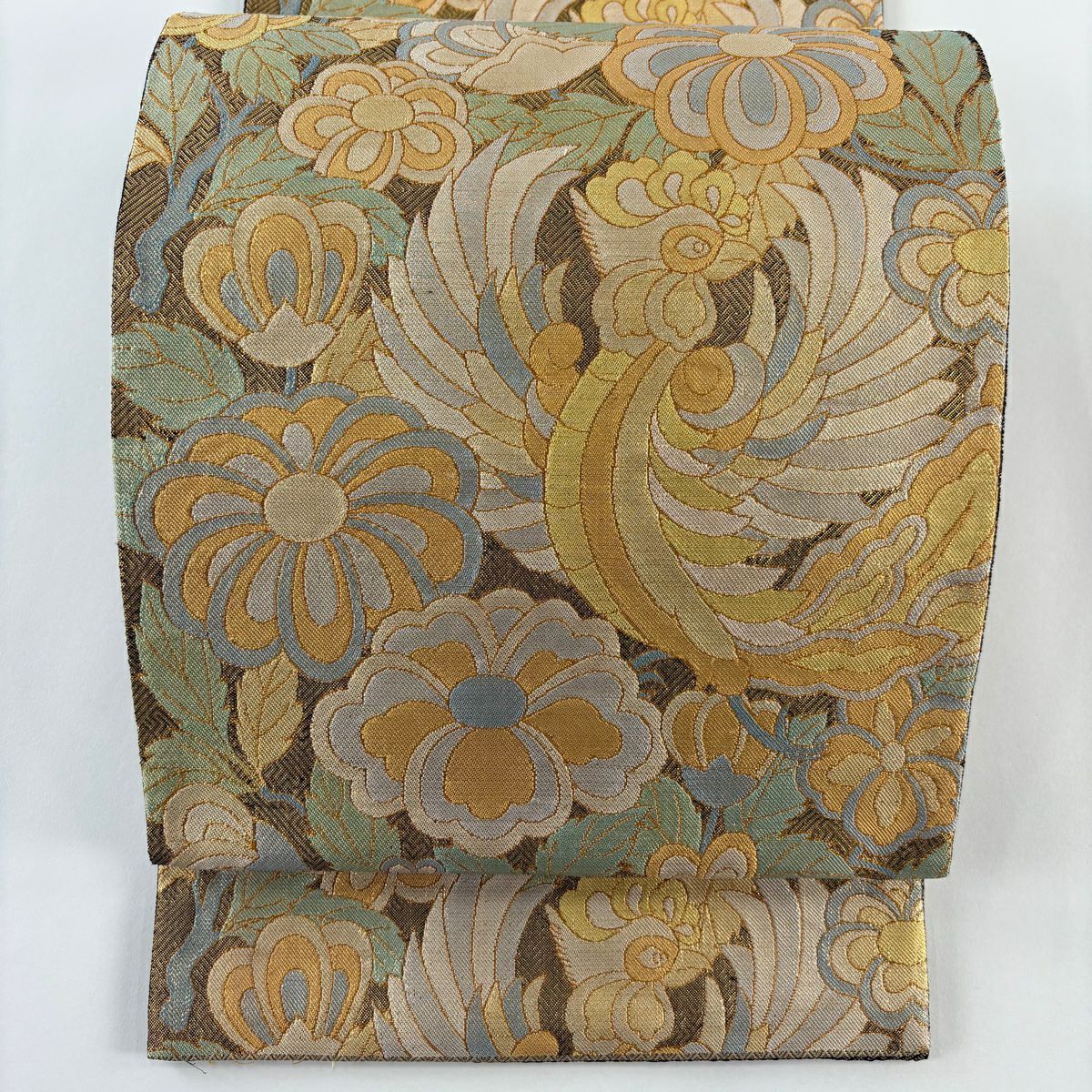 【美品】 袋帶 秀品級 鳳凰 草花紋 金糸 金金箔 金色 六通 純蠶絲