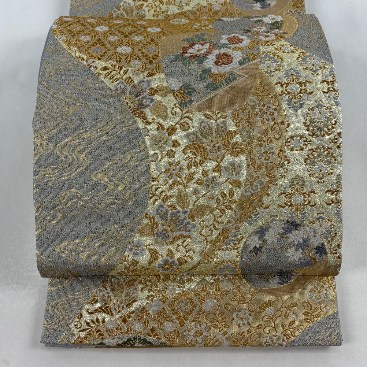【美品】 袋帶 秀品級 祝壽流水紋 金絲 金金箔 灰色 六通 純蠶絲