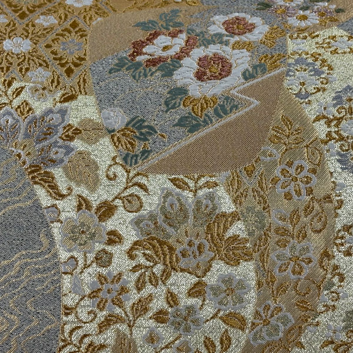 【美品】 袋帶 秀品級 祝壽流水紋 金絲 金金箔 灰色 六通 純蠶絲