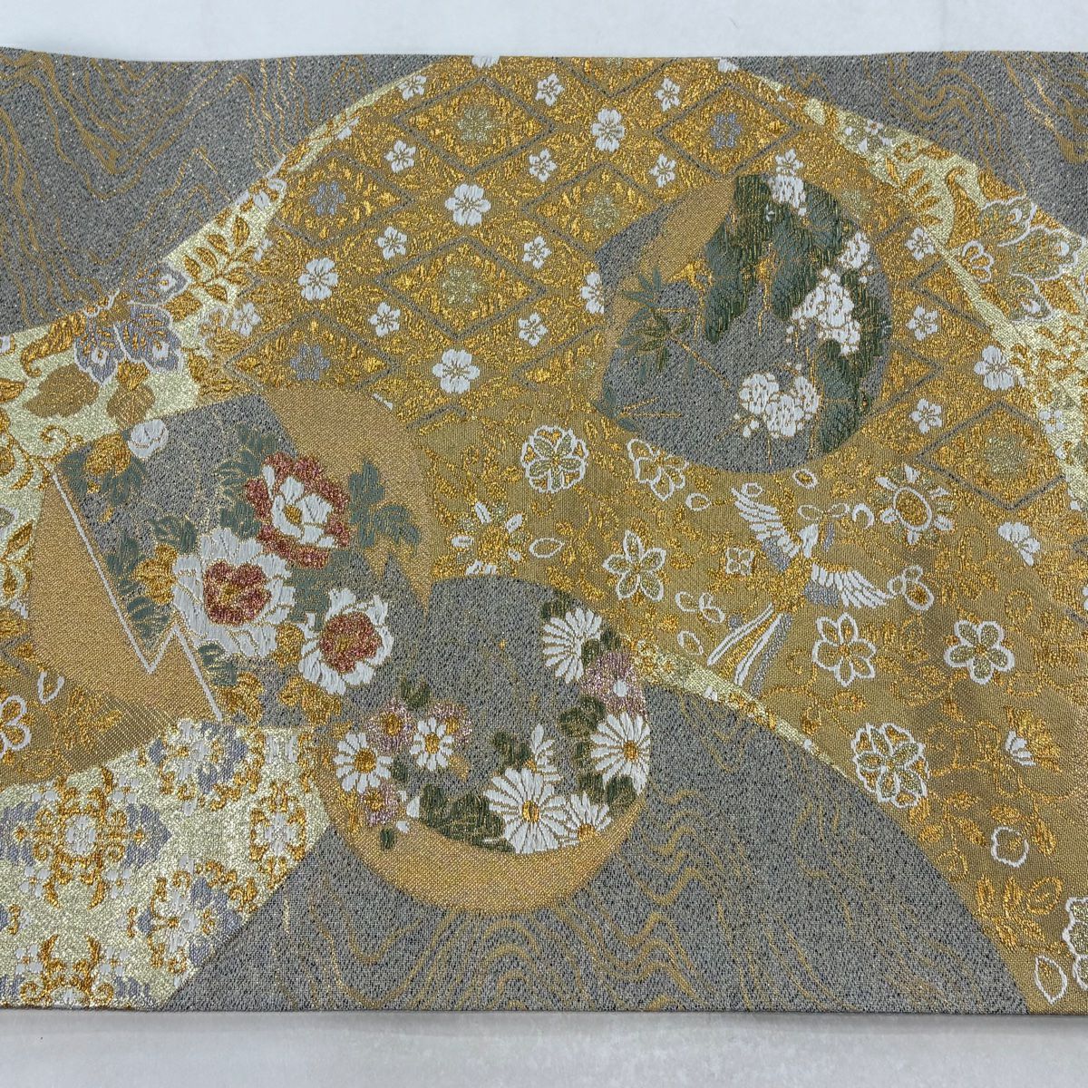【美品】 袋帶 秀品級 祝壽流水紋 金絲 金金箔 灰色 六通 純蠶絲