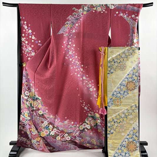 振袖禮服 身長166cm 袖長68.5cm L 雙層 袋帶全套 花丸紋 松樹 金通 金銀彩 粉紅 純蠶絲 名品級