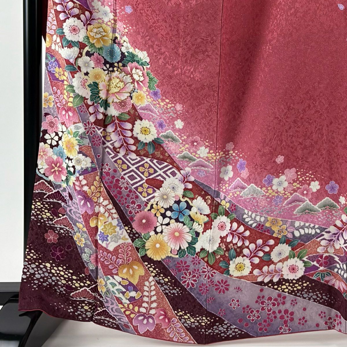 振袖禮服 身長166cm 袖長68.5cm L 雙層 袋帶全套 花丸紋 松樹 金通 金銀彩 粉紅 純蠶絲 名品級