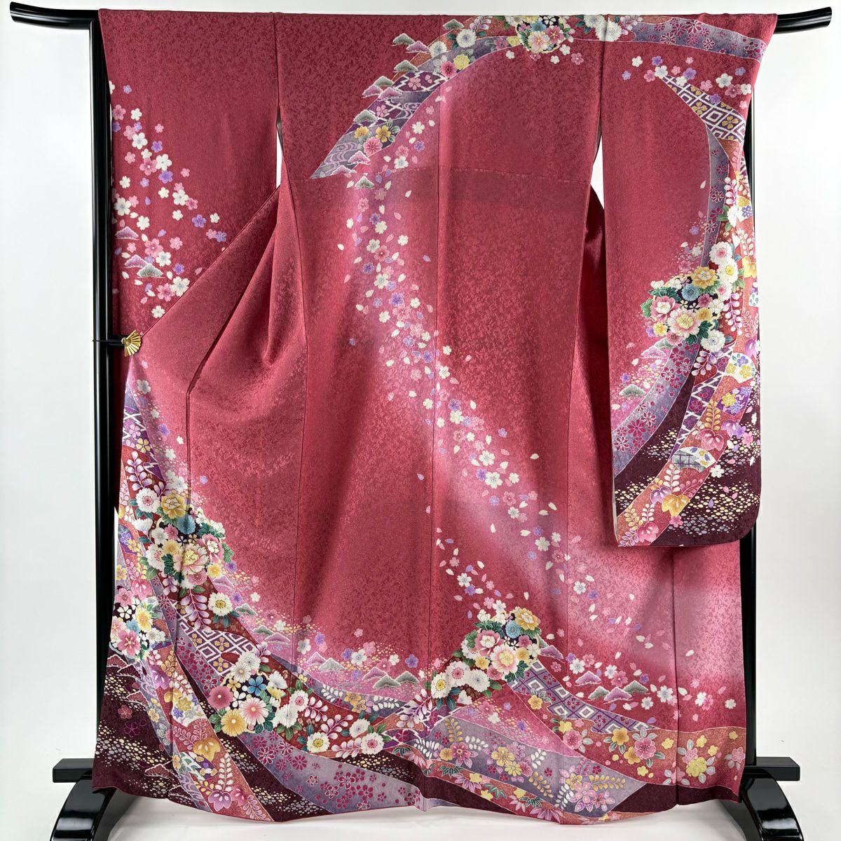 振袖禮服 身長166cm 袖長68.5cm L 雙層 袋帶全套 花丸紋 松樹 金通 金銀彩 粉紅 純蠶絲 名品級
