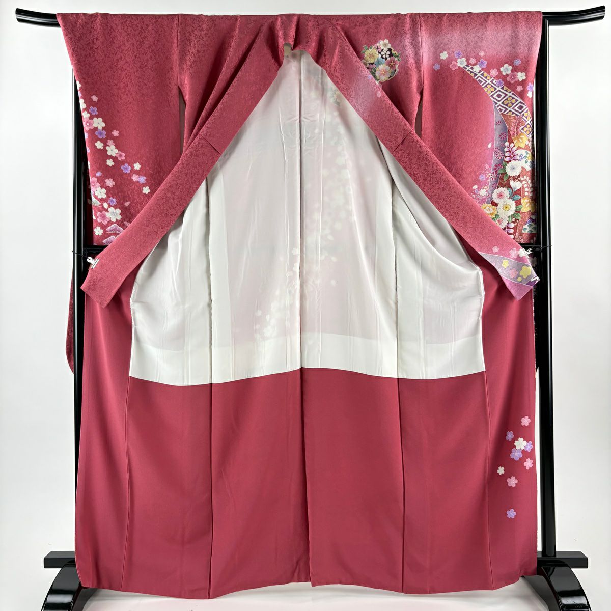 振袖禮服 身長166cm 袖長68.5cm L 雙層 袋帶全套 花丸紋 松樹 金通 金銀彩 粉紅 純蠶絲 名品級