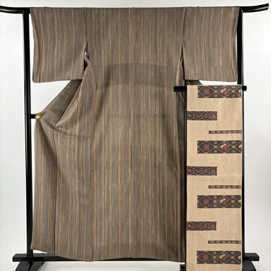 【美品】 小紋 身長160cm 袖長63cm S 雙層 袋帶套裝 縞 灰茶 純蠶絲 秀品級