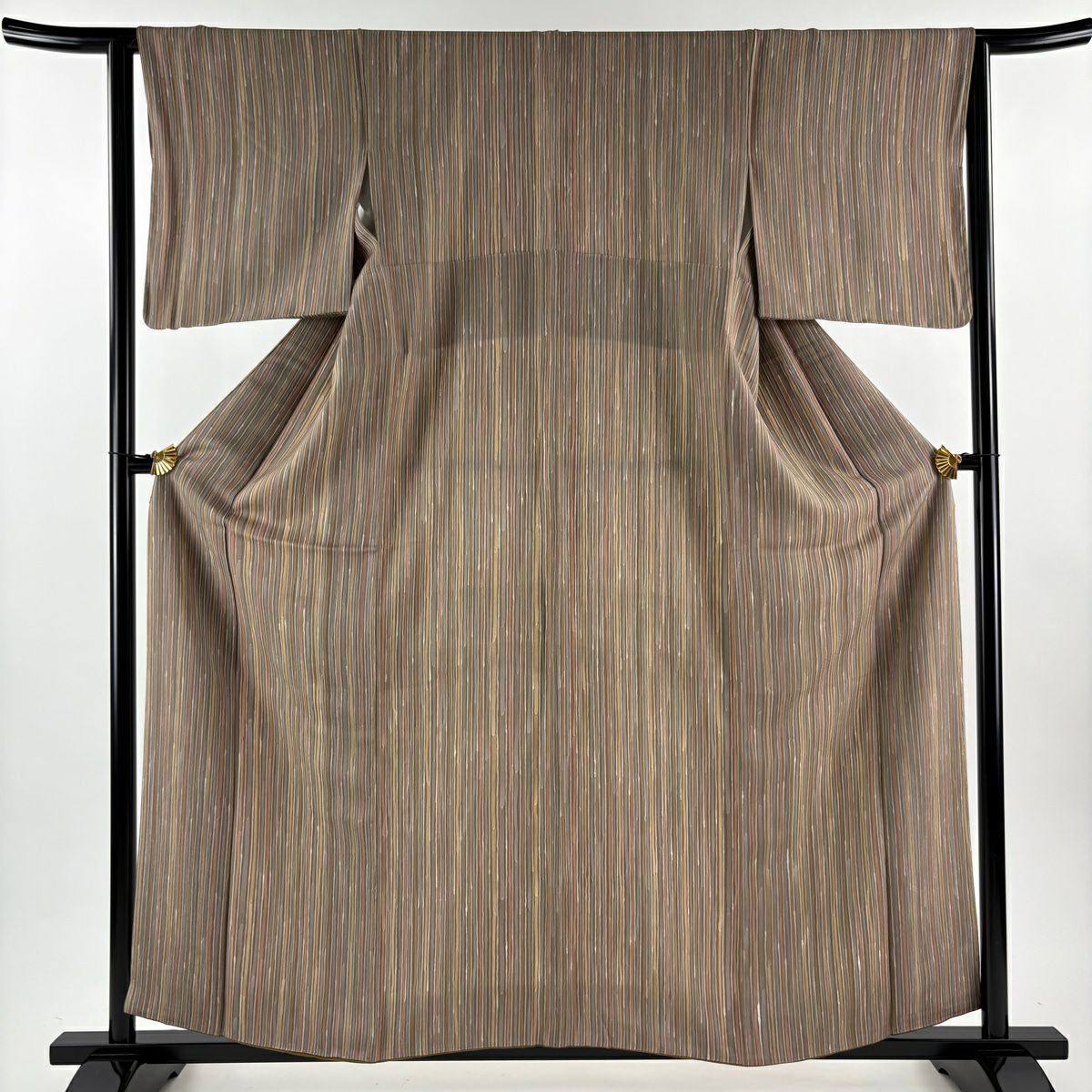 【美品】 小紋 身長160cm 袖長63cm S 雙層 袋帶套裝 縞 灰茶 純蠶絲 秀品級