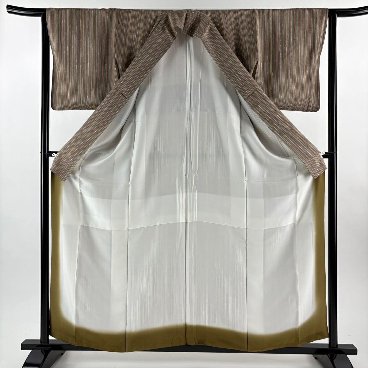 【美品】 小紋 身長160cm 袖長63cm S 雙層 袋帶套裝 縞 灰茶 純蠶絲 秀品級