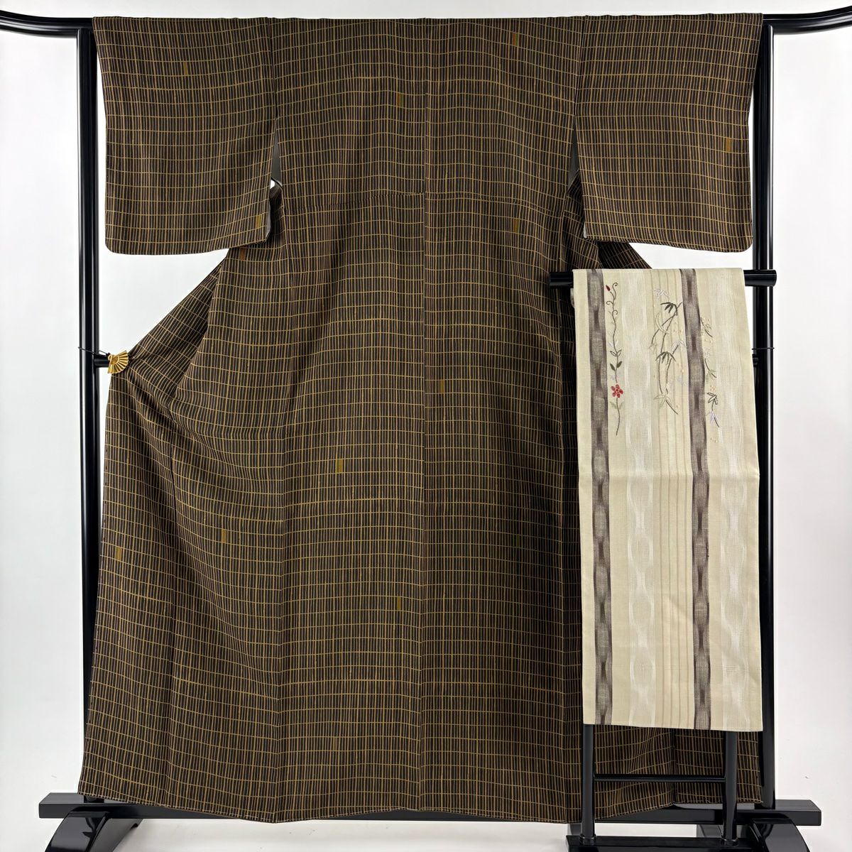 【美品】 小紋 身長160cm 袖長63.5cm S 雙層 名古屋帶套裝 格子 焦茶 純蠶絲 秀品級