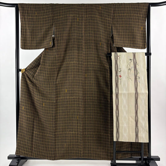 【美品】 小紋 身長160cm 袖長63.5cm S 雙層 名古屋帶套裝 格子 焦茶 純蠶絲 秀品級