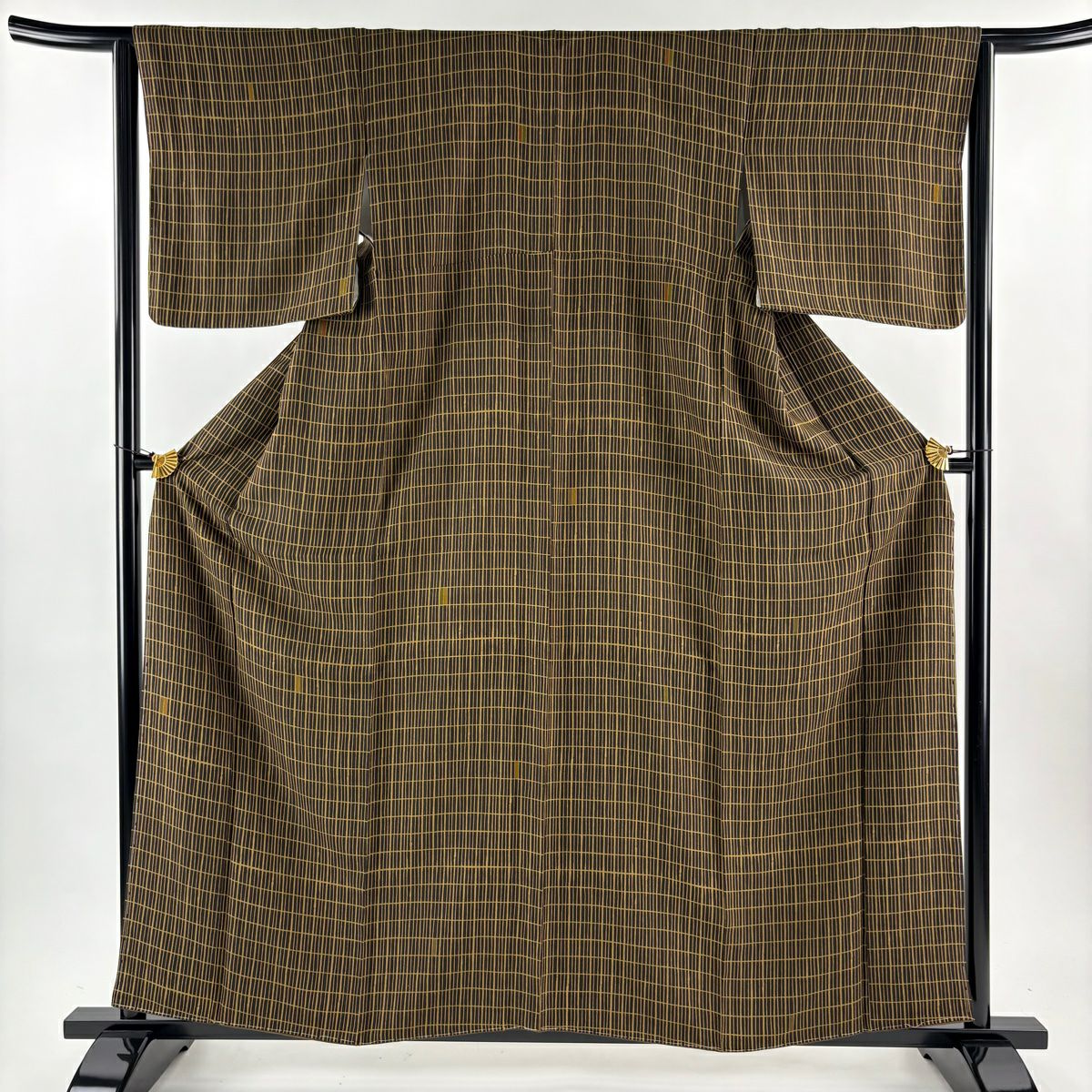 【美品】 小紋 身長160cm 袖長63.5cm S 雙層 名古屋帶套裝 格子 焦茶 純蠶絲 秀品級