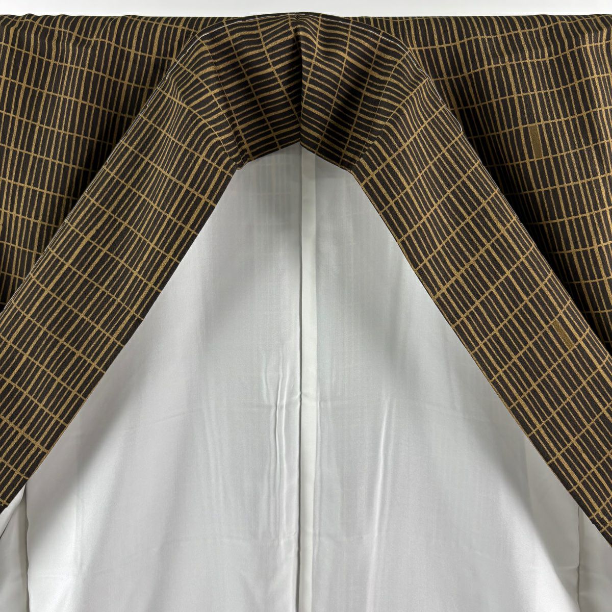 【美品】 小紋 身長160cm 袖長63.5cm S 雙層 名古屋帶套裝 格子 焦茶 純蠶絲 秀品級
