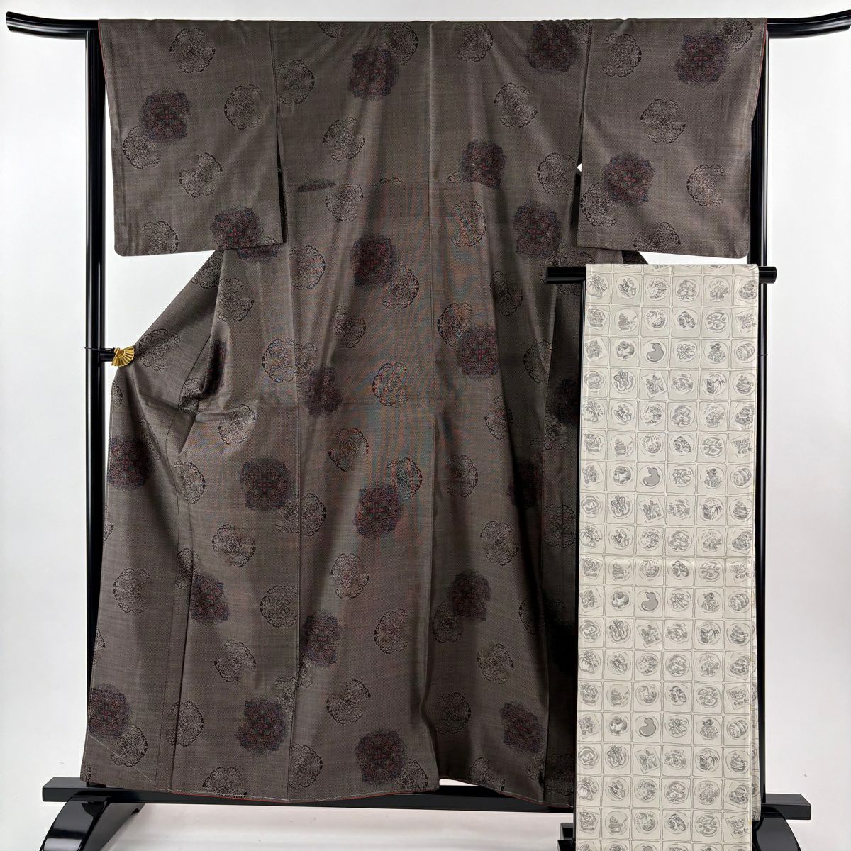 【美品】 大島紬織 身長160cm 袖長64.5cm M 雙層 袋帶套裝 證書齊全 華紋 焦茶 純蠶絲 秀品級