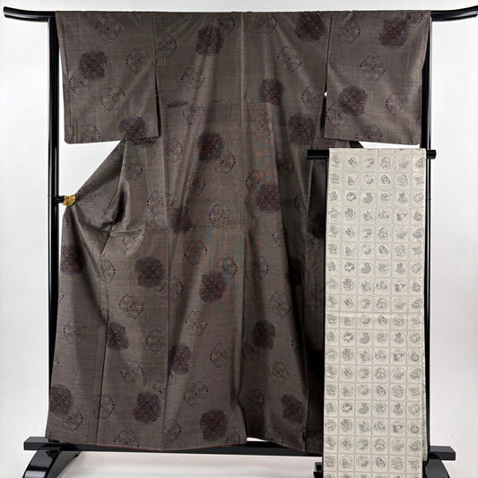 【美品】 大島紬織 身長160cm 袖長64.5cm M 雙層 袋帶套裝 證書齊全 華紋 焦茶 純蠶絲 秀品級