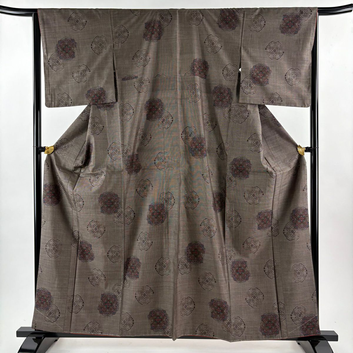 【美品】 大島紬織 身長160cm 袖長64.5cm M 雙層 袋帶套裝 證書齊全 華紋 焦茶 純蠶絲 秀品級