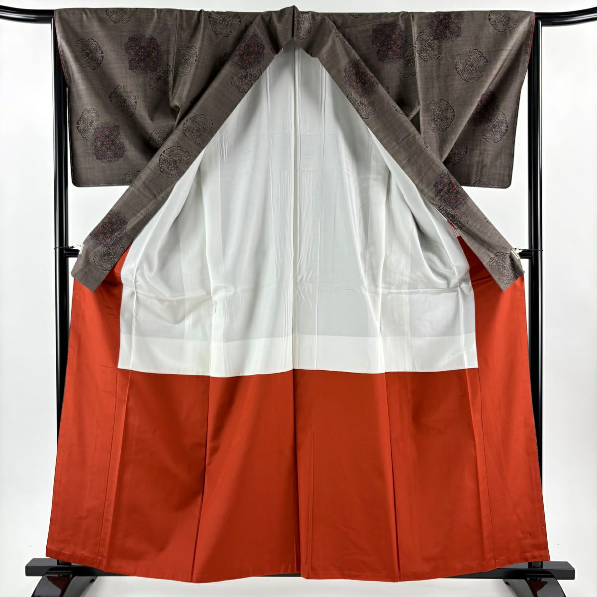 【美品】 大島紬織 身長160cm 袖長64.5cm M 雙層 袋帶套裝 證書齊全 華紋 焦茶 純蠶絲 秀品級