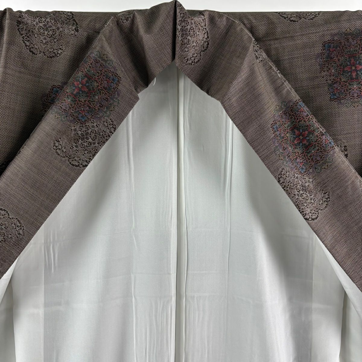 【美品】 大島紬織 身長160cm 袖長64.5cm M 雙層 袋帶套裝 證書齊全 華紋 焦茶 純蠶絲 秀品級
