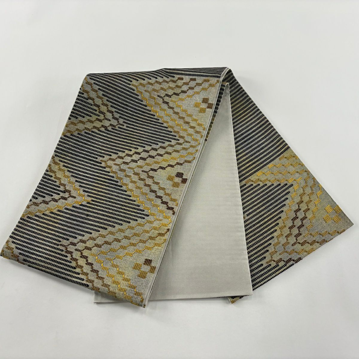 【美品】 袋帶 秀品級 證書齊全 幾何學條紋 金銀彩 灰綠 六通 純蠶絲