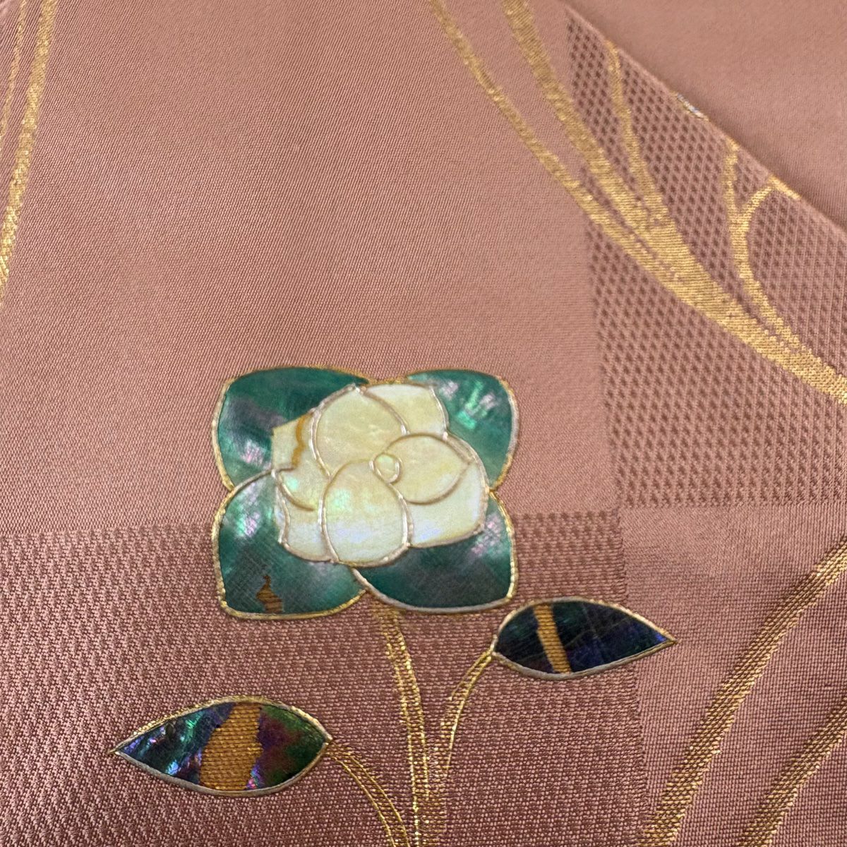 名古屋帶 秀品級 草花紋 螺鈿 金銀彩 粉紅 純蠶絲