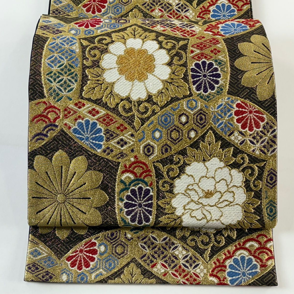 【美品】 袋帶 秀品級 草花紋紋 有職文樣 金絲 刺繡 金 六通 純蠶絲