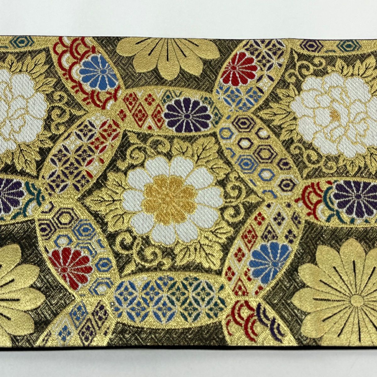 【美品】 袋帶 秀品級 草花紋紋 有職文樣 金絲 刺繡 金 六通 純蠶絲