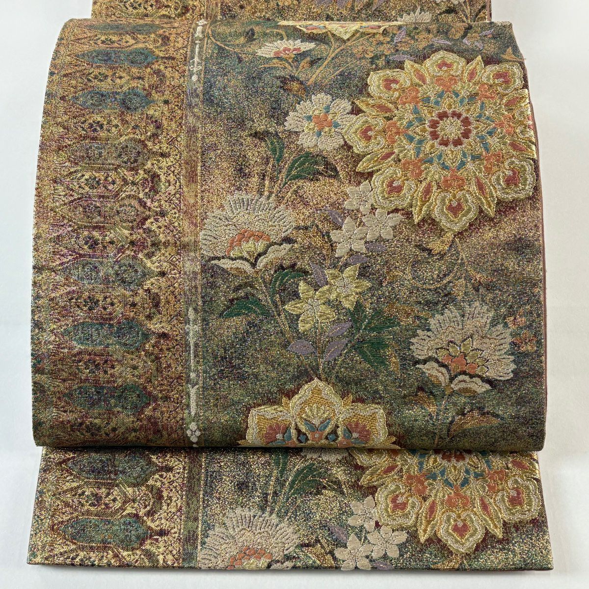 【美品】 袋帶 秀品級 華紋 草花紋刺繡 金銀彩 金茶 六通 純蠶絲