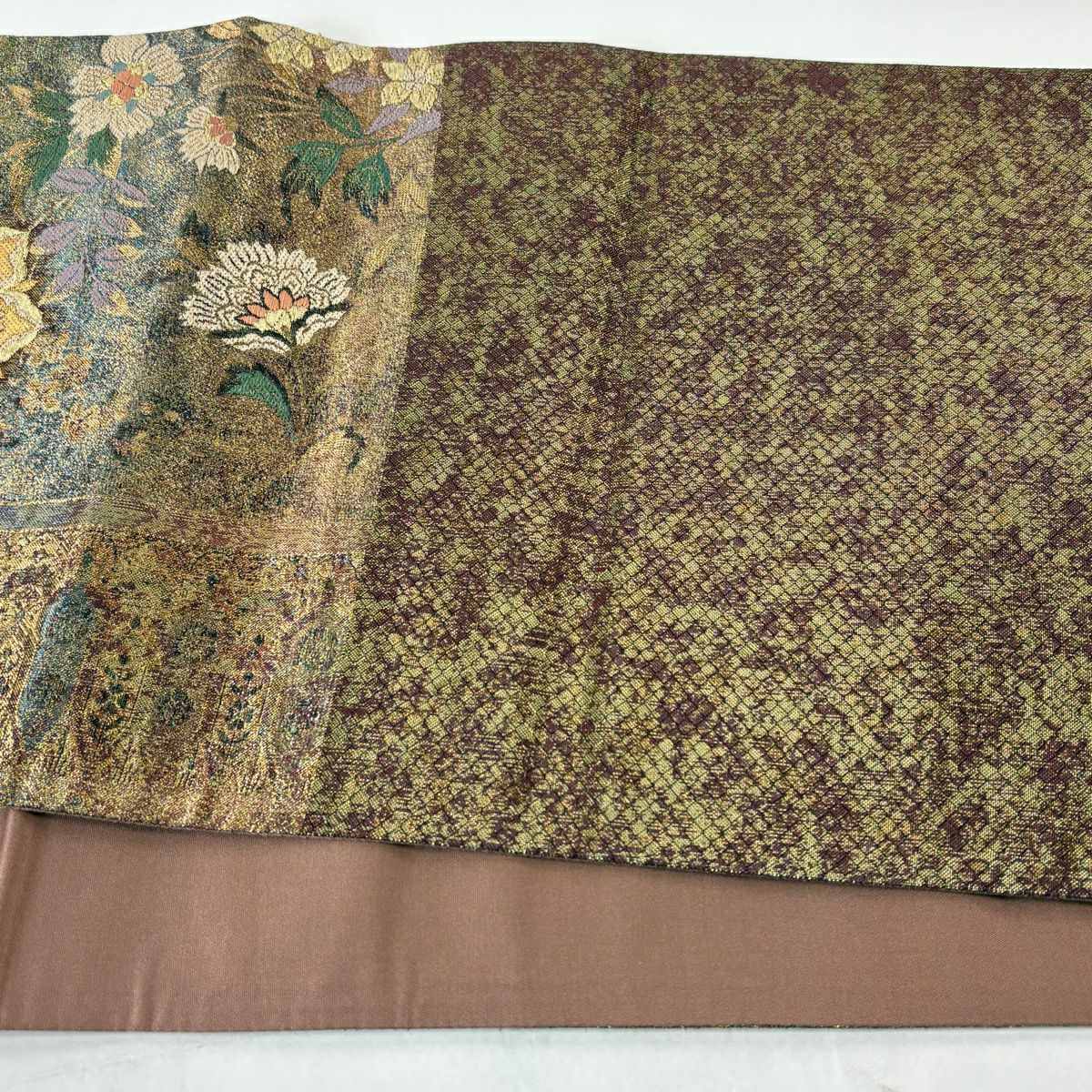 【美品】 袋帶 秀品級 華紋 草花紋刺繡 金銀彩 金茶 六通 純蠶絲