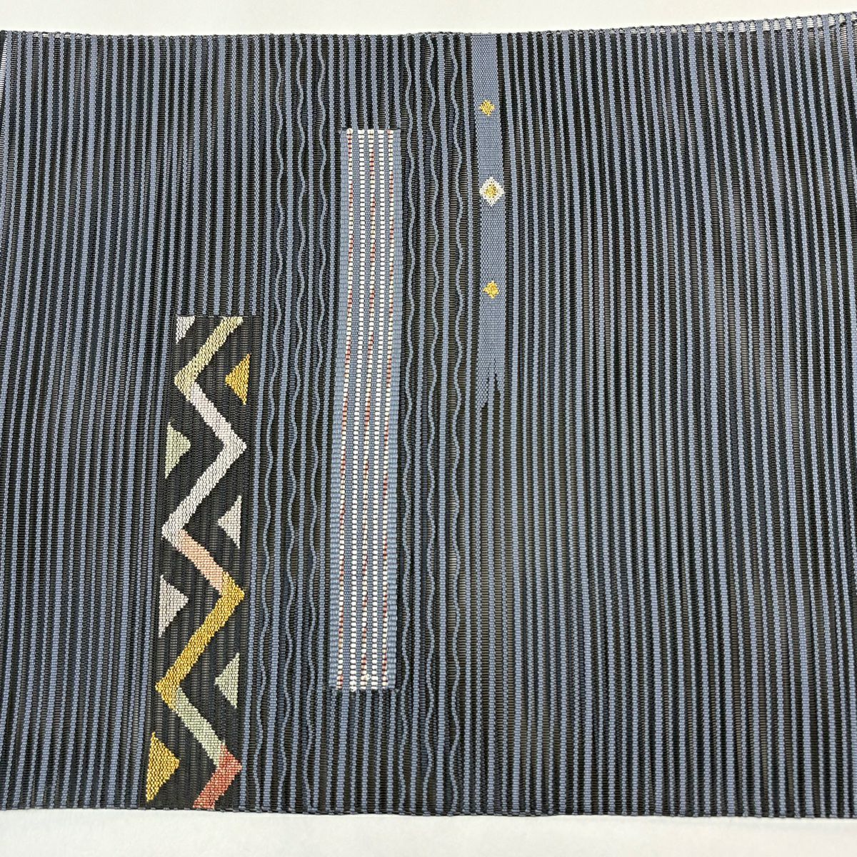 【美品】 名古屋帶 秀品級 夏帶 絽 八寸名古屋帶 幾何圖案 亂條 金銀彩 青灰色 純蠶絲