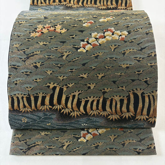 袋帶 秀品級 松樹竹子梅花 波 金銀彩 刺繡 灰綠 六通 純蠶絲
