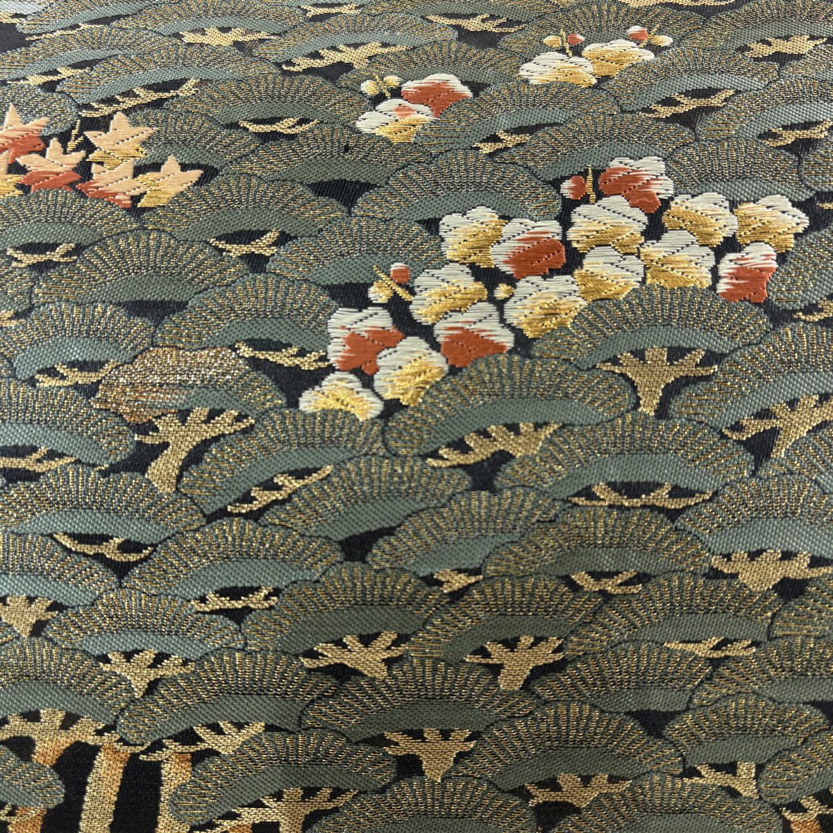 袋帶 秀品級 松樹竹子梅花 波 金銀彩 刺繡 灰綠 六通 純蠶絲