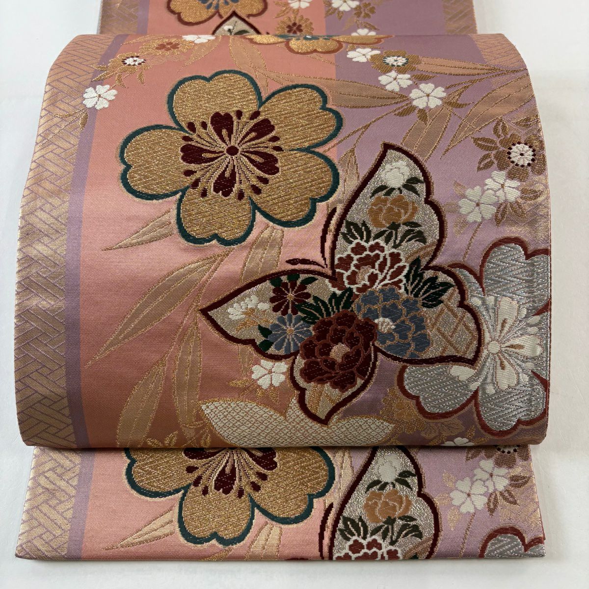 【美品】 袋帶 秀品級 蝶 櫻花 刺繡 金銀彩 薄紫 六通 純蠶絲
