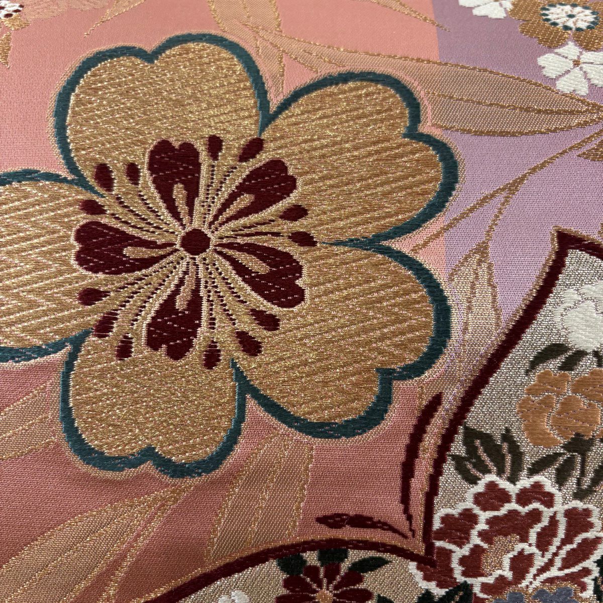 【美品】 袋帶 秀品級 蝶 櫻花 刺繡 金銀彩 薄紫 六通 純蠶絲