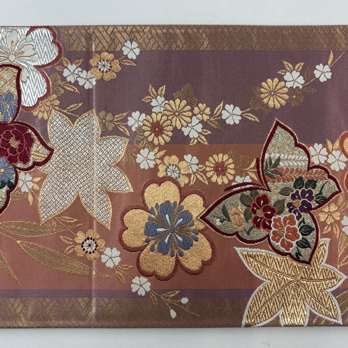 【美品】 袋帶 秀品級 蝶 櫻花 刺繡 金銀彩 薄紫 六通 純蠶絲