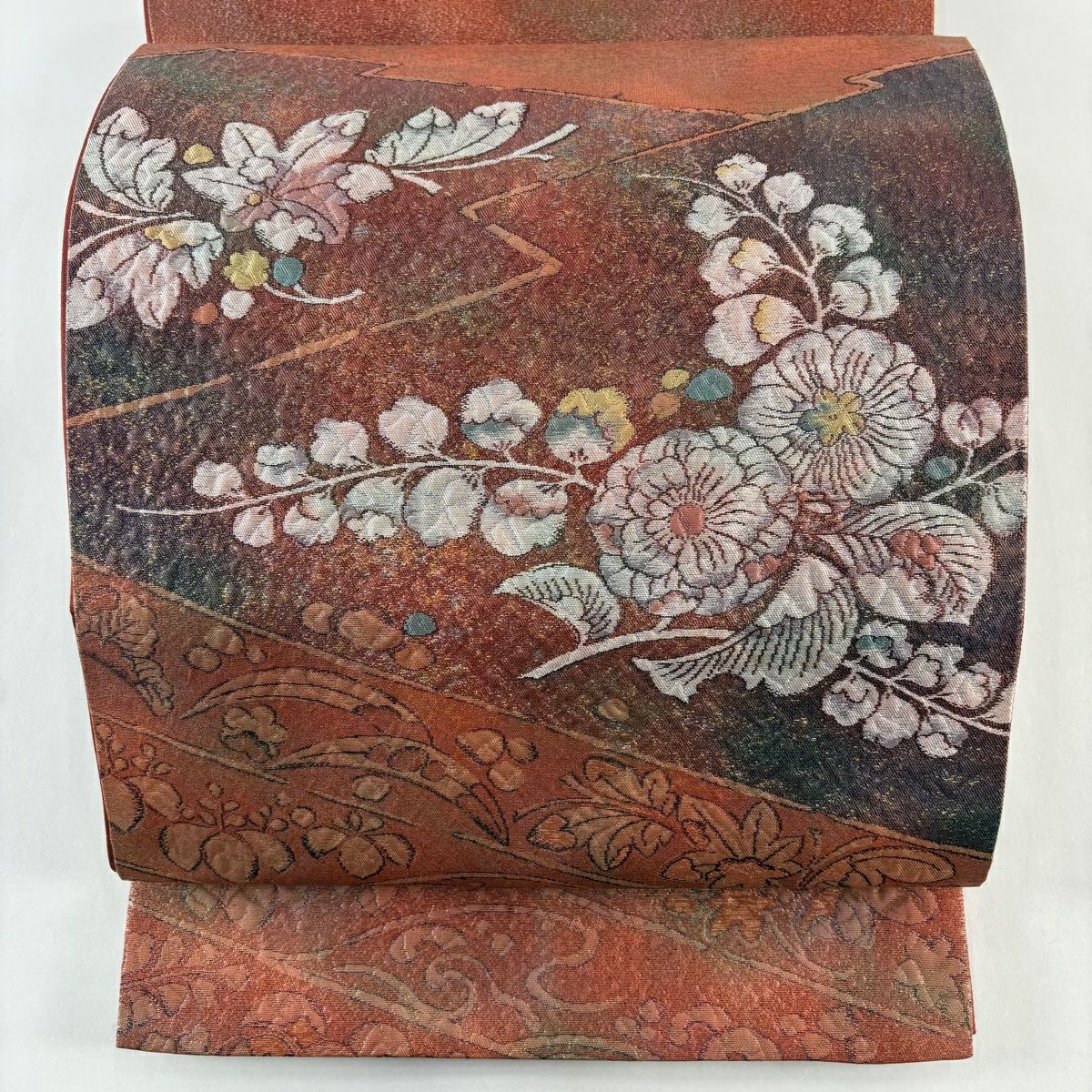 【美品】 袋帶 秀品級 辻花染圖案 波頭 金金箔 茜 純蠶絲